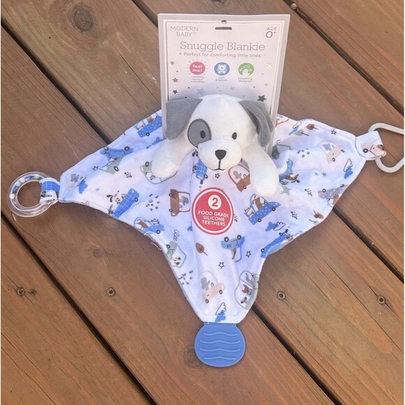 Modern Baby Snuggle Blankie Blue Puppy Dog Lovey Rattle Teether Vehicle Cars New - Picture 2 of 6